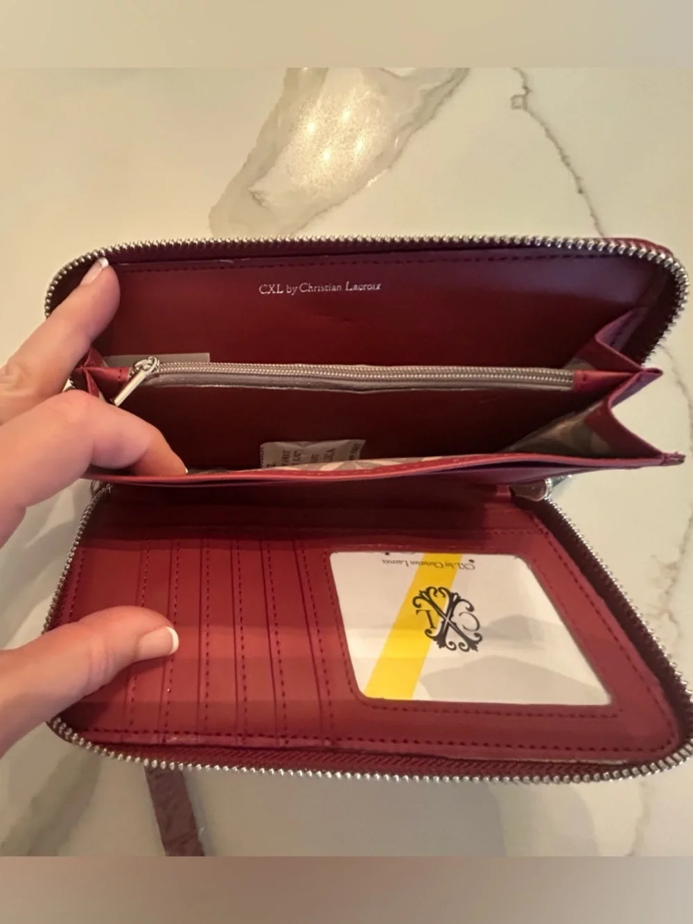 CXL Christian Lacroix faux crocco leather maroon red zip around wallet wristlet